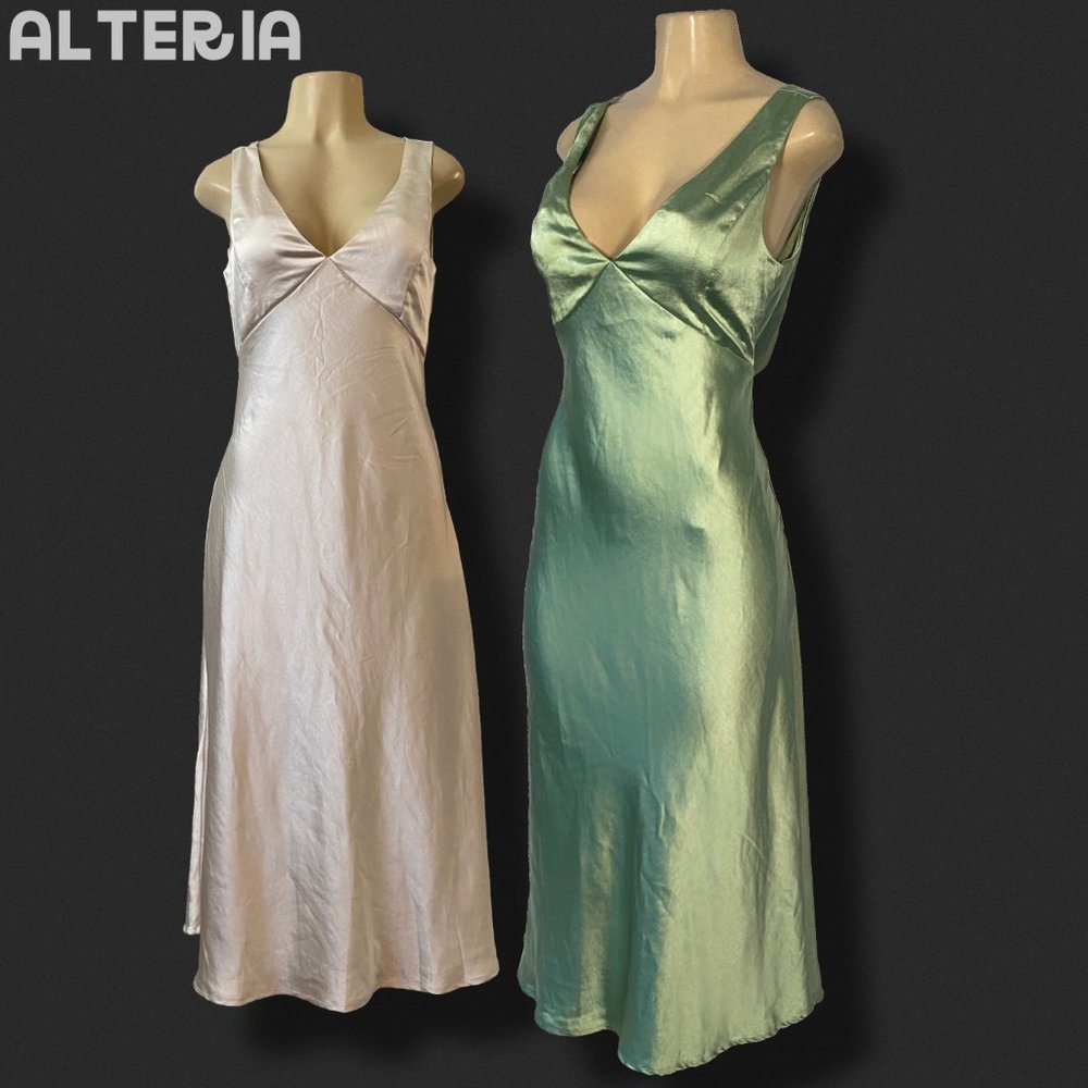 Gatsby Mint - Custom Dyed "Incredible Love" Cowl Back Satin Midi Dresses (2)